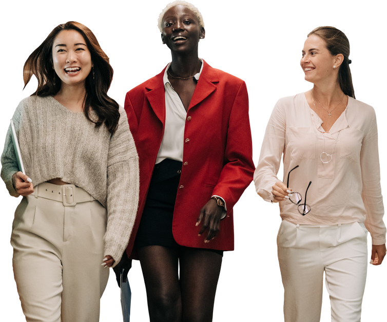 Smiling Diverse Women Walking with Laptop and Eyeglasses